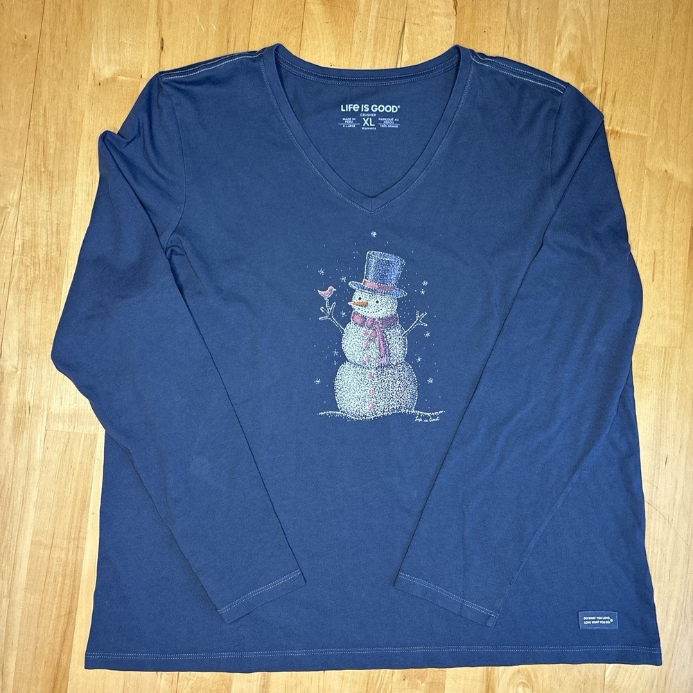 Life is Good Crusher Tee Snowman Blue XL Long Sleeve Comfy Teacher Winter Snow